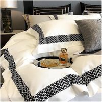 Nouvel ensemble de literie de luxe 4 pièces pour hôtel, drap plat brodé à bords larges, blanc, 1000 fils, en coton égyptien, avec housse de couette et taies d'oreiller