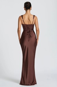 Robe longue de soirée élégante pour <span class=keywords><strong>femme</strong></span> en satin, col <span class=keywords><strong>carré</strong></span>, bretelles larges, taille froncée, devant drapé, dos lacé, <span class=keywords><strong>coupe</strong></span> sirène - Product Image 6