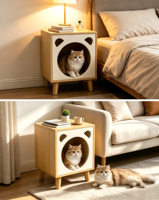 Table de chevet 2-en-1 personnalisée avec maison pour chat et panneau à gratter latéral remplaçable, design Panda, pieds en bois massif, meuble gain de place