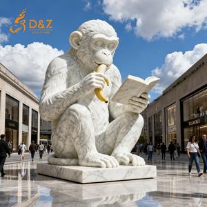 D & Z Art Group conçoit et personnalise une grande statue de singe en marbre blanc pour s'asseoir et lire pour la décoration extérieure - Product Image 3