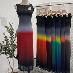 2024 new Sunset print gradient mesh hollow irregular halter vest sheath long dress
