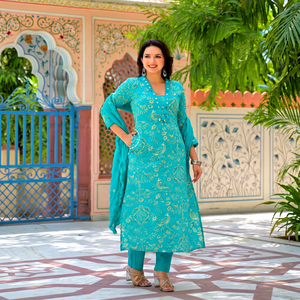 Premium Turquoise Blue 60x60 Cotton Digital Print Suit Set with Straight <b>Kurta</b> Matching Pants and Dupatta for <b>Women</b> - Product Image 1