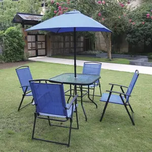 Ensemble de meubles de jardin d'extérieur pliants en acier 6 places Table et chaise de patio avec ensemble de parapluie