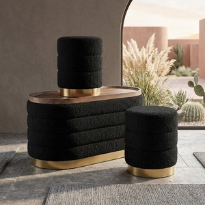 Modern Luxury Boucl&eacute; Pleated Stool Set with Wood Top Round Ribbed Ottoman Gold Base Long <strong>Bench</strong> for Living Room Bedroom Furniture - Product Image 6
