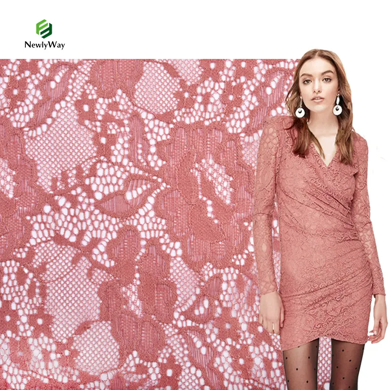 Fujian Groothandel Nylon En Spandex Custom Kleur Power Mesh Guipure Bloemen Franse Gebreide Jacquard Kant Stof Voor Jurk