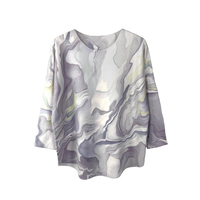 Pull en viscose tricoté doux et respirant à col rond pour femme, avec imprimé marbré dégradé élégant et manches chauve-souris 3/4, style décontracté abstrait, marque privée