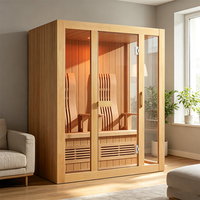 Cabine de sauna moderne en bois massif, directement de l'usine, avec banc à deux niveaux, plafond LED étoilé et verre trempé pour salle de sport intérieure à domicile