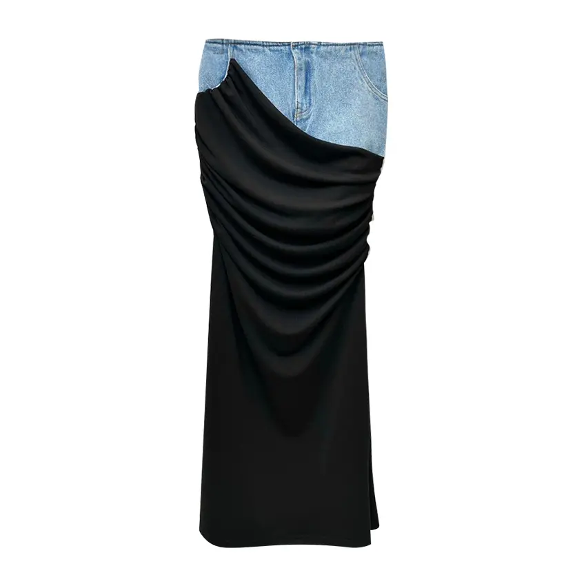 2023 Spring New Fashion Women's High Waist Skirt Black Pleated Stitching Design Long Denim Skirt