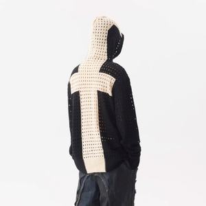 Suéter de punto al por mayor de manga larga con logo personalizado, chaqueta de lana con capucha y cremallera, diseño cruzado hueco y hombros caídos. - Product Image 6