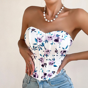 Haut corset sexy pour femme, décolleté plongeant, dos nu, à motif floral, avec baleines, style mode - Product Image 5