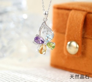 Collier trèfle à quatre feuilles en pierre naturelle colorée, argent sterling 925, pavé de cristaux de pierres précieuses taillées en poire, bijoux pour femmes - Product Image 2