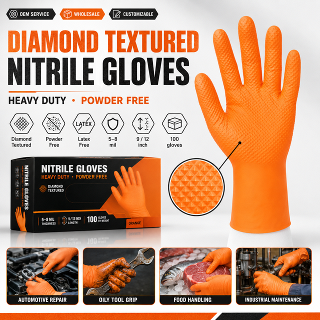 Heavy Duty Diamond Textured Powder-Free Nitrile Gloves for Automotive and Industrial Work