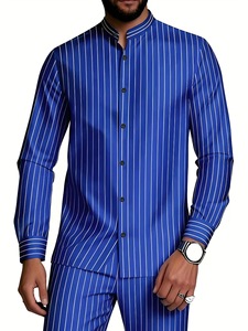 Conjunto de Camisa de Manga Larga con Cuello Alto a Rayas y Pantalones para Hombre, Ropa Casual Transpirable para Otoño e Invierno - Product Image 6