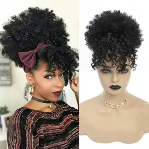  G & T Wig Afro Tinggi Puff Rambut Bun Serut Ekor Kuda dengan Poni Pendek Keriting Keriting Nanas Ekstensi Rambut untuk WANITA HITAM