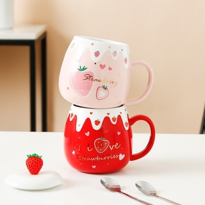 Taza de Cerámica con Tapa, Estilo INS, 460 ml, Linda Taza de Fresa, Taza de Café Personalizada, Tazas de Té Reutilizables - Product Image 2