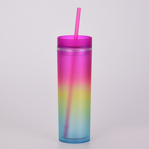 แก้วน้ำสีรุ้งไล่เฉดสีแบบใหม่ แก้วพลาสติกสองชั้นทรงตรง พร้อมหลอดสี - Product Image 4