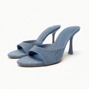 2023 Newest Denim Blue Summer Fashion Sandals for Ladies Women's Thin Heel <b>Mules</b> <b>Slippers</b> with Talon Winter-Compatible - Product Image 6