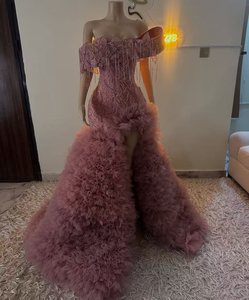 Robes de bal longues personnalisées en strass vert et rose, style sirène, pour filles noires, avec perles et volants, pour soirées africaines, galas et remises de diplômes - Product Image 2