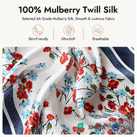 Foulard carré en soie de mûrier de qualité 6A, finement travaillé, brillant et fluide, motif floral sauvage rouge et bleu frais avec bordure, faible MOQ