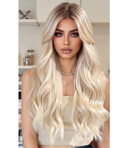 Produits de <span class=keywords><strong>beauté</strong></span> pour femmes Longue perruque frontale en dentelle avec frange HD petite, cheveux indiens Remy à cuticules alignées, ondulation Body Wave, blond platine - Product Image 5