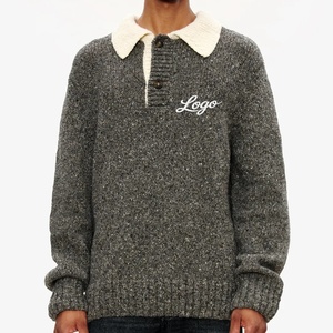 เสื้อโปโลวินเทจผ้าทวีดสำหรับผู้ชาย ถักไหมพรมเส้นใหญ่ แขนยาว คอปกตัดสี - Product Image 1