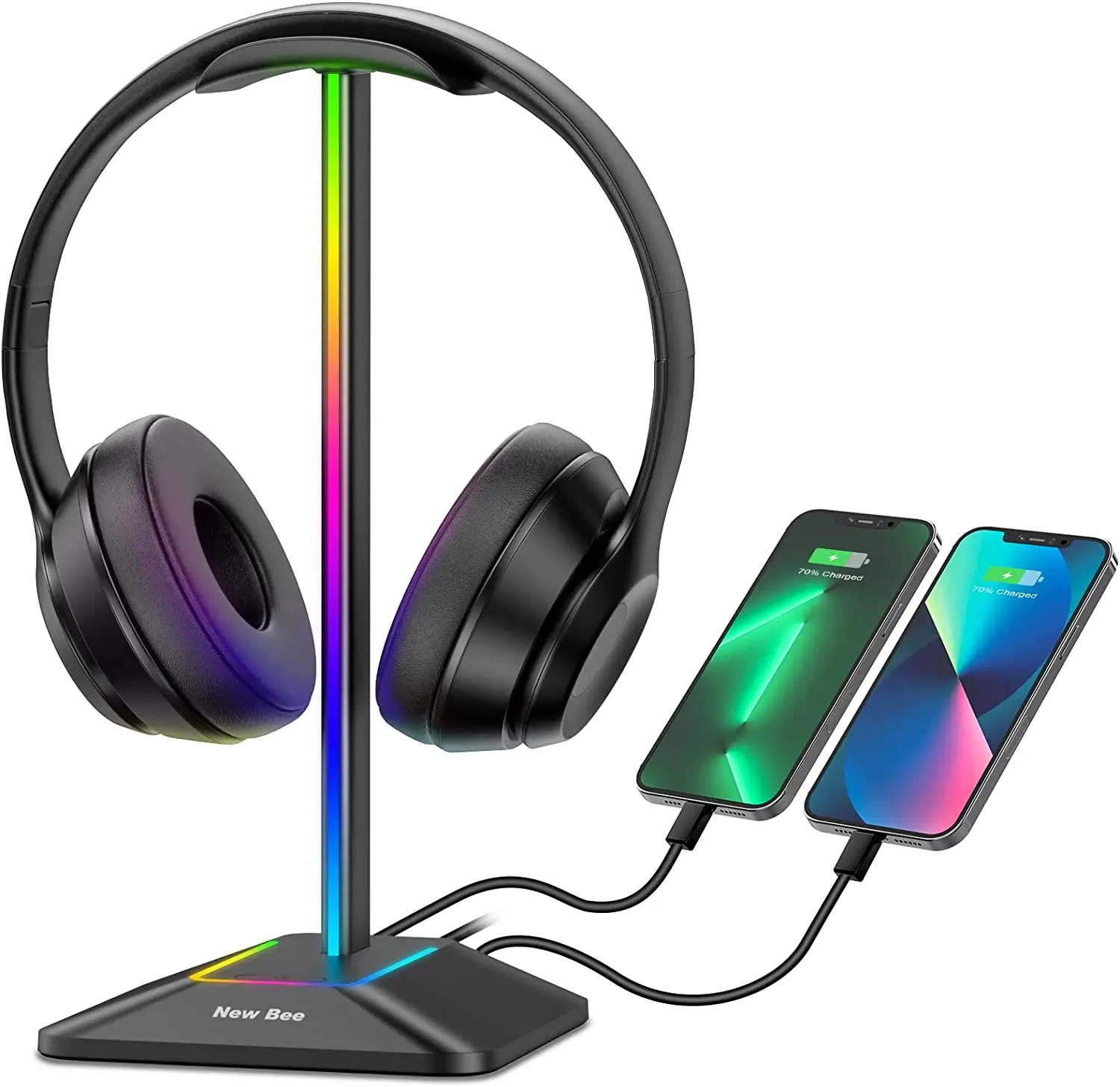 High quality Aluminum RGB Headphone Stand with 1 USB-C Charging Port and 1 USB Charging Port Desk Gaming Headset Holder