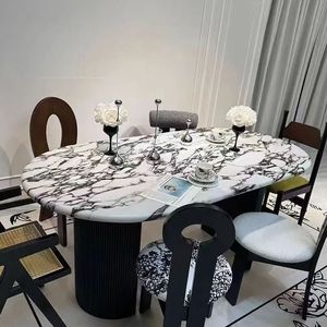 Ensemble de table à manger ovale en marbre français, design moderne minimaliste, gain de place pour les petits appartements - Product Image 1