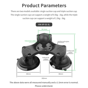 VINMounts Nouveau support à triple ventouse tête sphérique 1.5", compatible bras RAM C, support fenêtre voiture, solide et stabl - Product Image 2