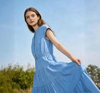 Robe midi bleue pour femme, manches courtes, boutonnée, décontractée, été 2026, taille naturelle, plissée