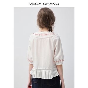 VEGA CHANG Camicetta <span class=keywords><strong>Bianca</strong></span> e Rossa Ricamata per Donne, Dettaglio Fiocco, Maniche a Sbuffo, Orlo Plissettato, Collo Tondo, Top Casual - Product Image 6