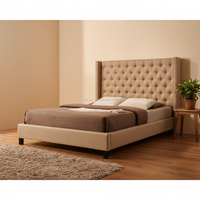 Lit en bois avec revêtement en tissu, cadre en bois et tête de lit capitonnée haute pour chambre à coucher