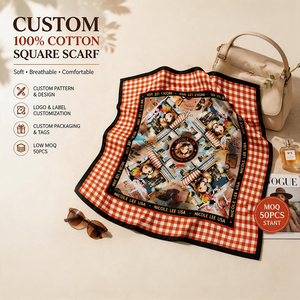 Écharpe carrée personnalisée 100% coton 70x70cm OEM ODM Impression de logo de marque privée Bandana Écharpe pour la tête, le cou et les cheveux Emballage personnalisé - Product Image 1