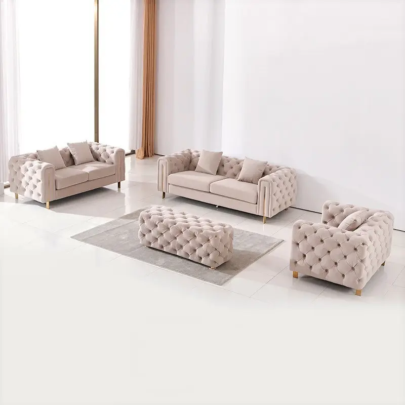 Furnitur Modern Chesterfield Ruang Tamu Rumah Beludru/Kain Linen Model Bagian Santai 1 + 2 + 3 Sofa Set Sofa Diskon Besar