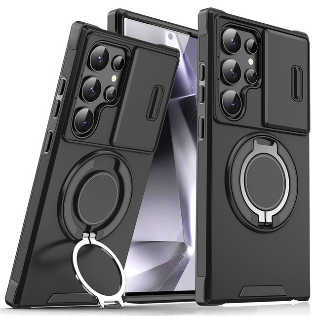 Shockproof Slide Camera Lens Protective Phone Case for Samsung Galaxy S25 S24 S23 S22 Ultra Plus with Metal Ring Stand