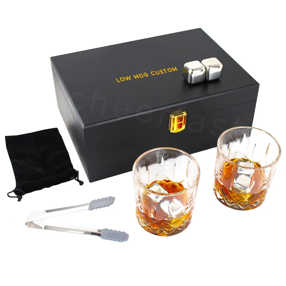 Boîte à whisky en métal et argent, cubes de glace, service cadeau avec lunettes, pierres à whisky en acier inoxydable, 2 pièces, échantillon de mariage