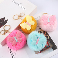 Nouveau mignon en peluche papillon porte-clés lapin boule de fourrure porte-clés doux fausse fourrure alliage pour femmes sac breloques voiture porte-clés pendentif