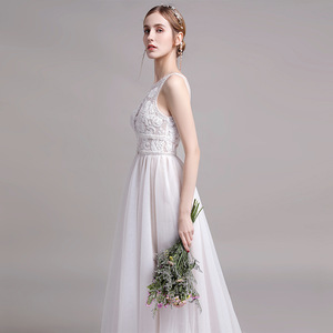 White A-Line Tulle Wedding Dress Halter Neck Empire Waistline Simple Style For Women - Product Image 3