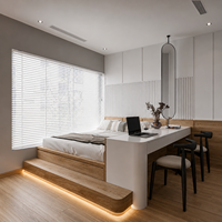 Lit plateforme Tatami intégré de style crème moderne Elite avec bureau d'étude et fond mural à lattes pour petit appartement – Idéal pour les projets.