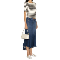 Jupe longue en jean plissée décontractée vintage pour femme avec logo personnalisé, bleu indigo, avec détails de frange et panneau à la taille
