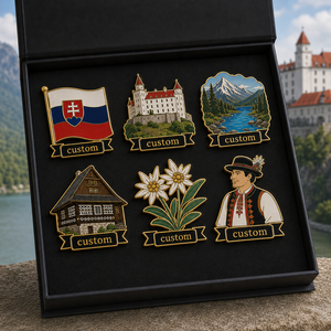 Lot de pin's émaillés personnalisés sur le thème de la Slovaquie, avec boîte cadeau, motifs Montagne, Château, Grotte, Pin's de revers, Souvenir touristique, Badge <span class=keywords><strong>Fort</strong></span> de Grotte, Coffret cadeau - Product Image 1