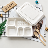 Barquette repas biodégradable en bagasse de canne à sucre à 5 compartiments avec couvercle, compostable, jetable, capacité 36 oz, pour pique-nique moderne