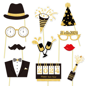 21 pièces/ensemble 2024 Joyeux Nouvel An <span class=keywords><strong>Accessoires</strong></span> photo pour fête <span class=keywords><strong>Accessoires</strong></span> de fête en papier noir Décoration de vacances en famille - Product Image 4