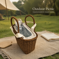 Panier de pique-nique en osier tressé avec doublure isotherme, doubles poignées, fermeture éclair, sac thermique pour aliments, idéal pour le camping en plein air, la plage et les voyages
