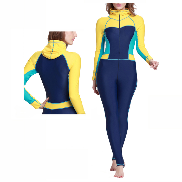 Купальник на молнии с логотипом под заказ, женский купальник с длинным рукавом, контрастные цвета, Женский цельный костюм с капюшоном для серфинга