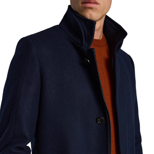 <strong>Men's</strong> Slim Fit Navy/Beige <strong>Funnel</strong> <strong>Neck</strong> Car <strong>Coat</strong> Woolen Merino <strong>Wool</strong> Overcoat with Button Decoration - Product Image 5