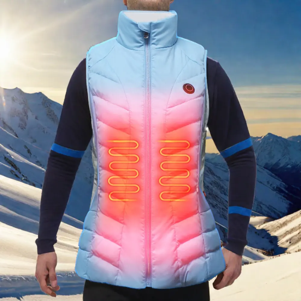 Sky Blue Elektro-Ski-Heizweste für Reiten USB-betriebene Winterbekleidung mit Reißverschluss Polyester-Befüllungslogo-Muster für Damen