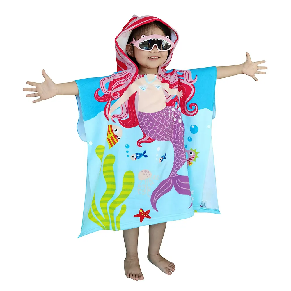 बच्चों बच्चों बच्चे कार्बनिक कपास या microfiber पॉलिएस्टर कार्टून मुद्रित सर्फ पोंचो हूडि समुद्र तट तौलिया