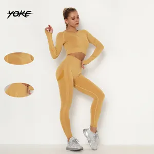 YOKE Outono 11 Cores Manga Longa Yoga Vestuário e Comprimento Total Leggings Workout Set Seamless Yoga