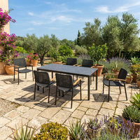 Ensemble de salle à manger d'extérieur moderne 7 pièces avec chaises en corde tressée et table en aluminium, mobilier de jardin et de terrasse pour hôtel et complexe hôtelier