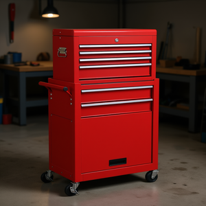 Coffre à outils en métal rouge sur roulettes, 485 mm L x 410 mm L x 400 mm P, avec poignée et serrure à clé, boîte de rangement pour garage - Product Image 2